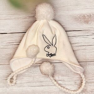 Playboy Women’s White with Black Logo Bunny Winter Hat Beanie